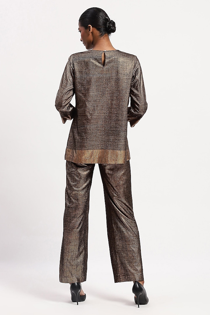 Gold Georgette Metallic Printed & Embroidered Top by Abraham & Thakore at Pernia's Pop Up Shop