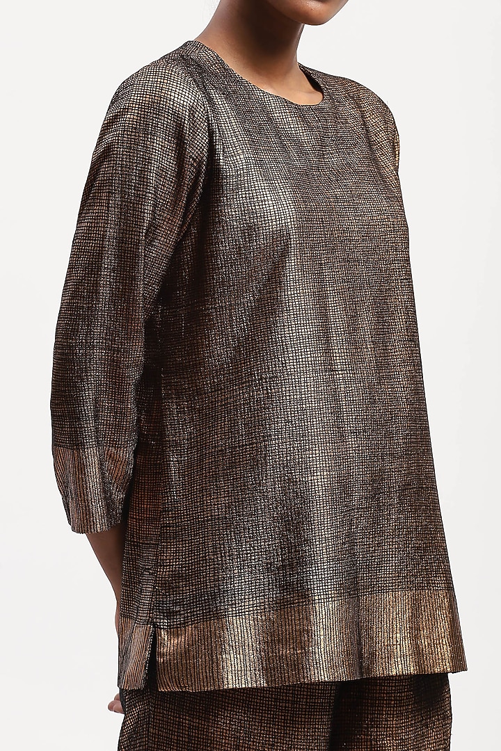 Gold Georgette Metallic Printed & Embroidered Top by Abraham & Thakore at Pernia's Pop Up Shop