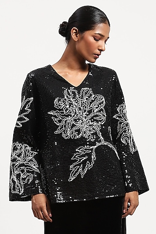 Black Crepe Sequins Embroidered Oversized Top by Abraham & Thakore