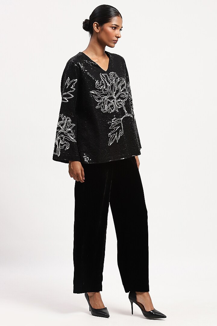 Black Crepe Sequins Embroidered Oversized Top by Abraham & Thakore at Pernia's Pop Up Shop