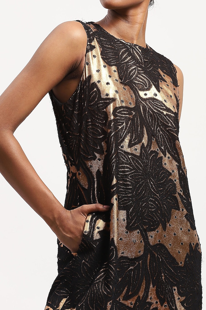 Gold Georgette Metallic Printed & Embroidered Mini Cocktail Dress by Abraham & Thakore at Pernia's Pop Up Shop