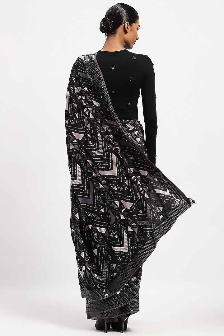 Black Satin Digital Printed & Embellished Wedding Saree by Abraham & Thakore at Pernia's Pop Up Shop