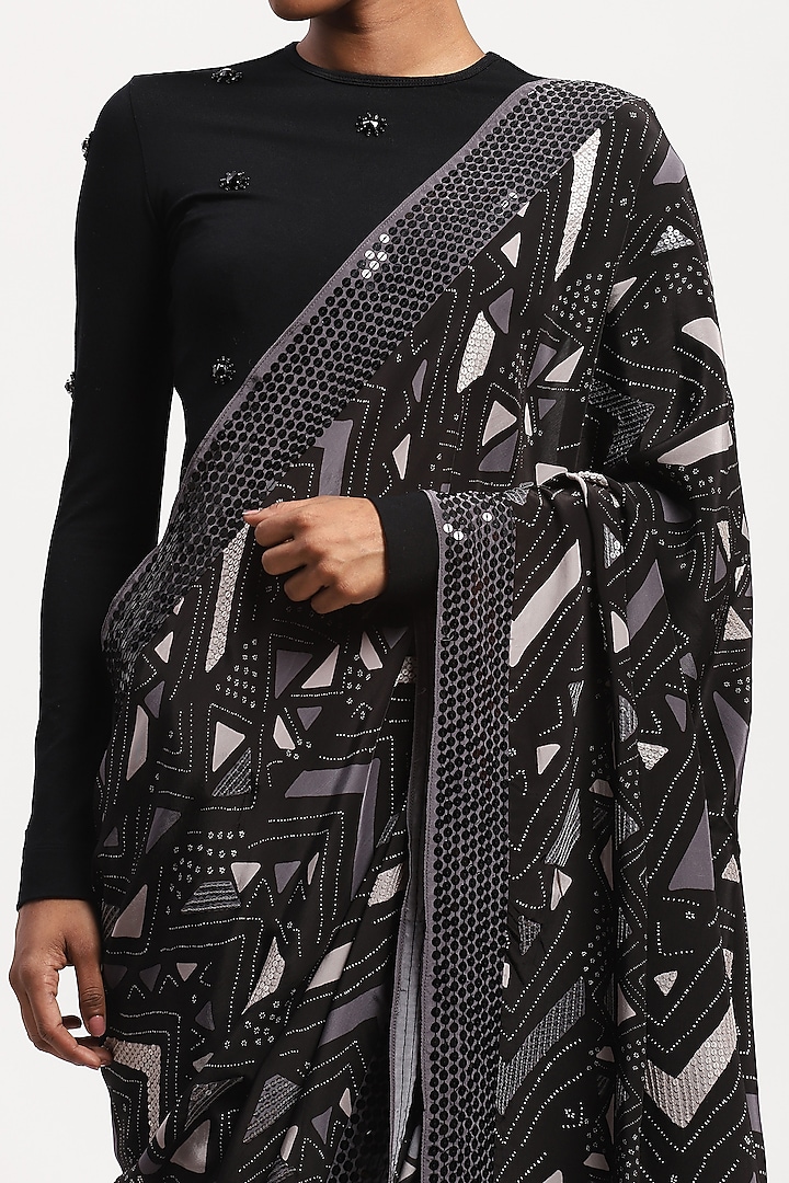 Black Satin Digital Printed & Embellished Wedding Saree by Abraham & Thakore at Pernia's Pop Up Shop