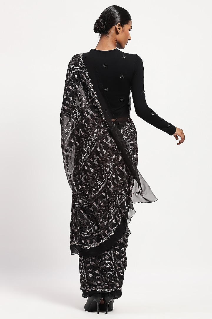 Black Silk Digital Printed & Embellished Wedding Saree by Abraham & Thakore at Pernia's Pop Up Shop