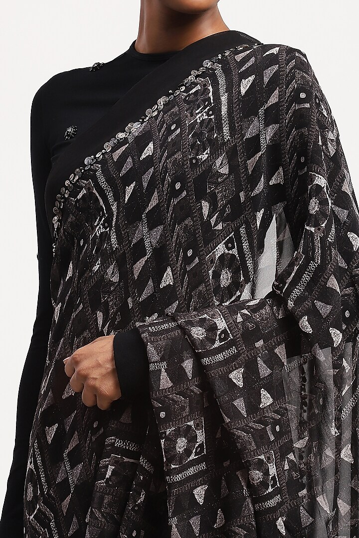 Black Silk Digital Printed & Embellished Wedding Saree by Abraham & Thakore at Pernia's Pop Up Shop