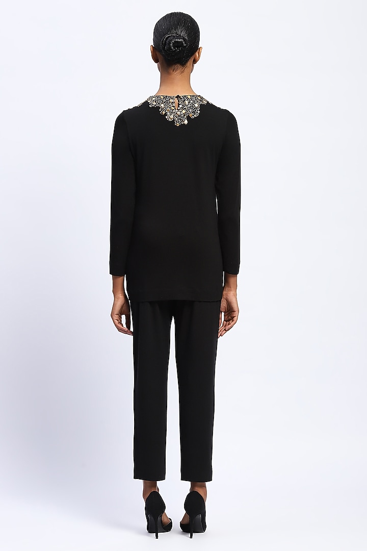 Black Viscose Lycra Stone Embellished Top by Abraham & Thakore at Pernia's Pop Up Shop