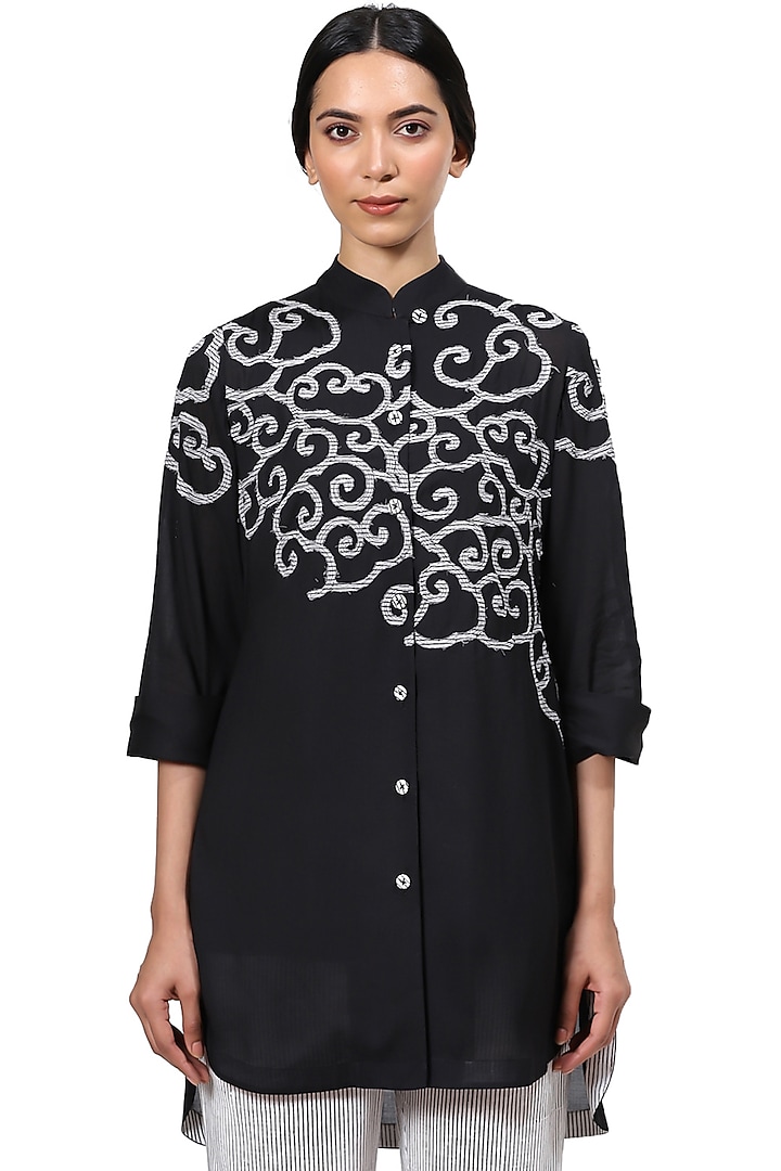 Black & White Hand Block Printed Shirt by Abraham & Thakore at Pernia's Pop Up Shop