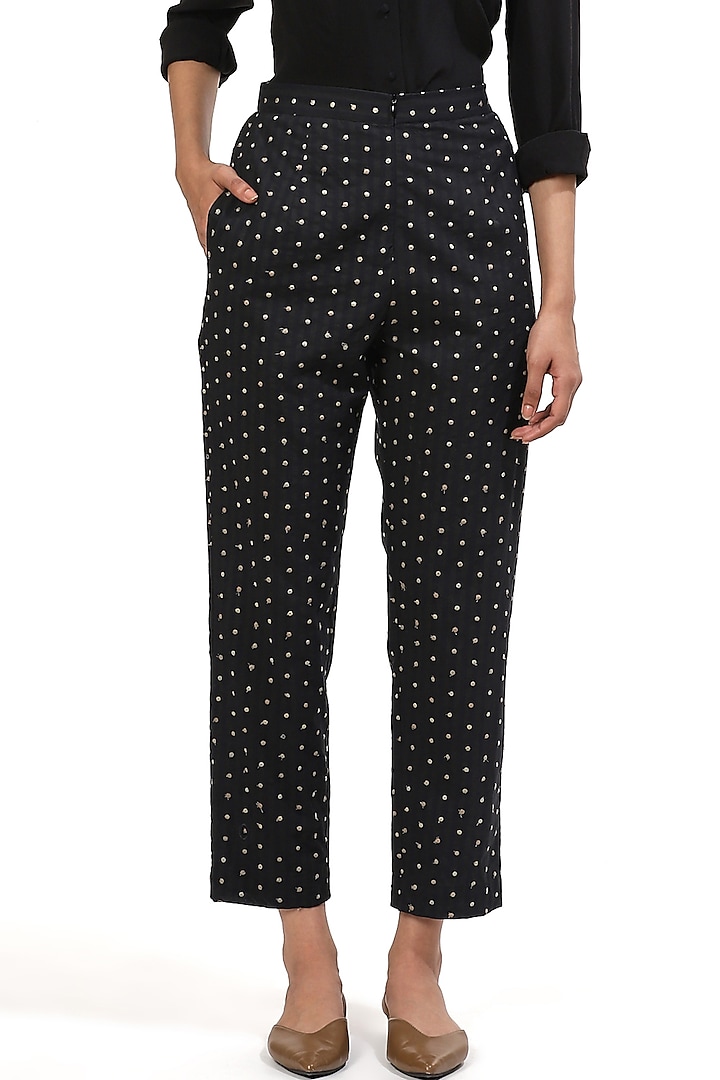 Black Dip Dyed Straight Pants With Embroidered Dots by Abraham & Thakore at Pernia's Pop Up Shop