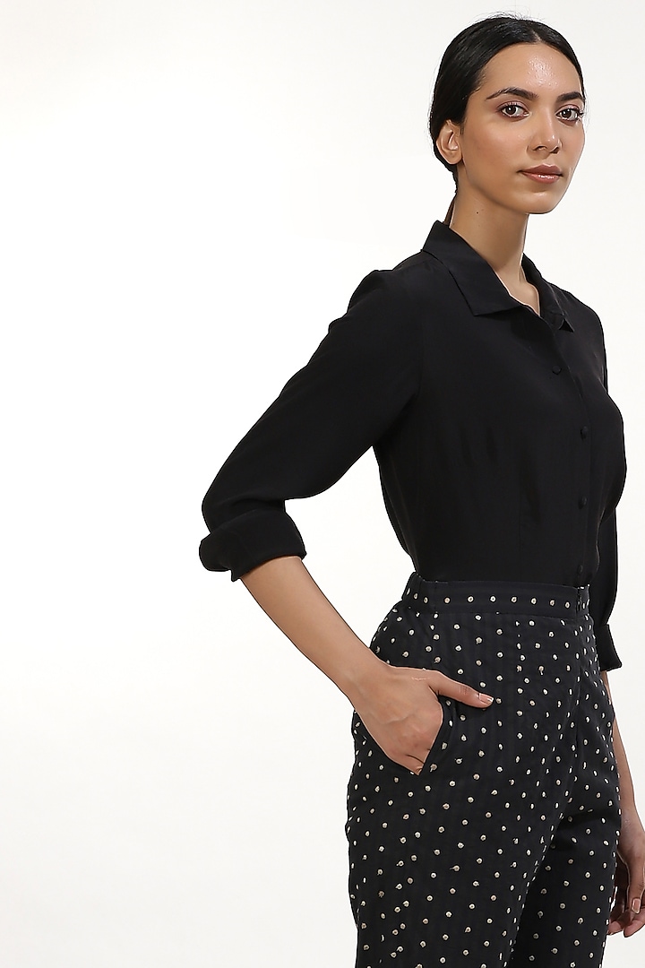 Black Dip Dyed Straight Pants With Embroidered Dots by Abraham & Thakore at Pernia's Pop Up Shop