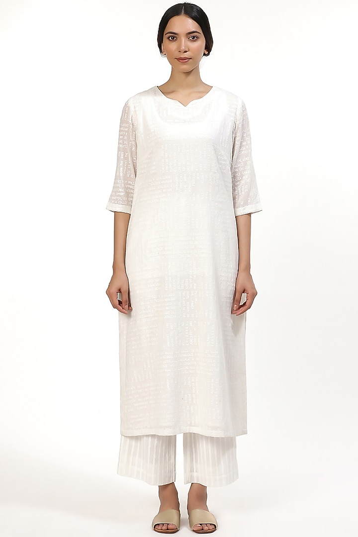 Ivory Tonal Embroidered Kurta by Abraham & Thakore at Pernia's Pop Up Shop
