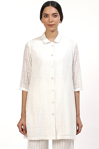 Ivory Typography Embroidered Shirt by Abraham & Thakore