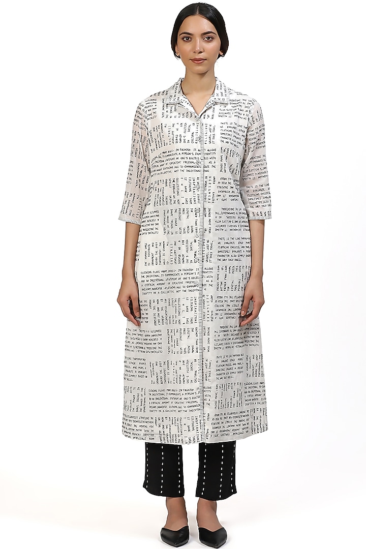 Ivory & Black Typography Shirt Kurta by Abraham & Thakore at Pernia's Pop Up Shop