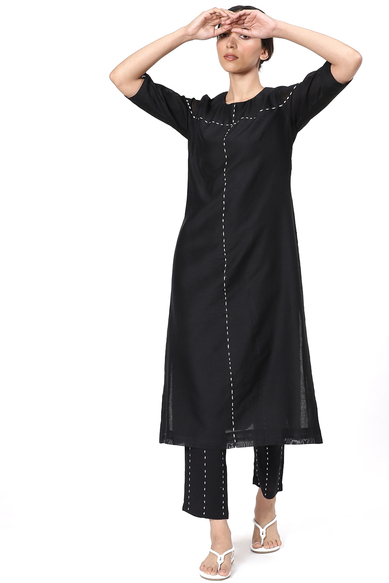 Black Kurta With Stab Stitches by Abraham & Thakore at Pernia's Pop Up Shop
