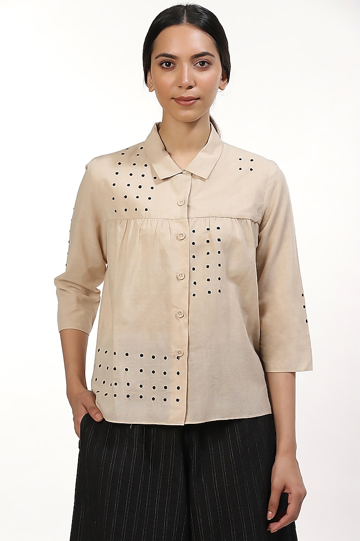 Beige & Black Embroidered Kedia Top by Abraham & Thakore