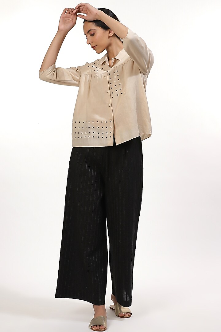 Beige & Black Embroidered Kedia Top by Abraham & Thakore at Pernia's Pop Up Shop