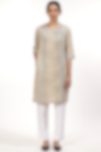 Black & Beige Embroidered & Printed Kurta by Abraham & Thakore at Pernia's Pop Up Shop