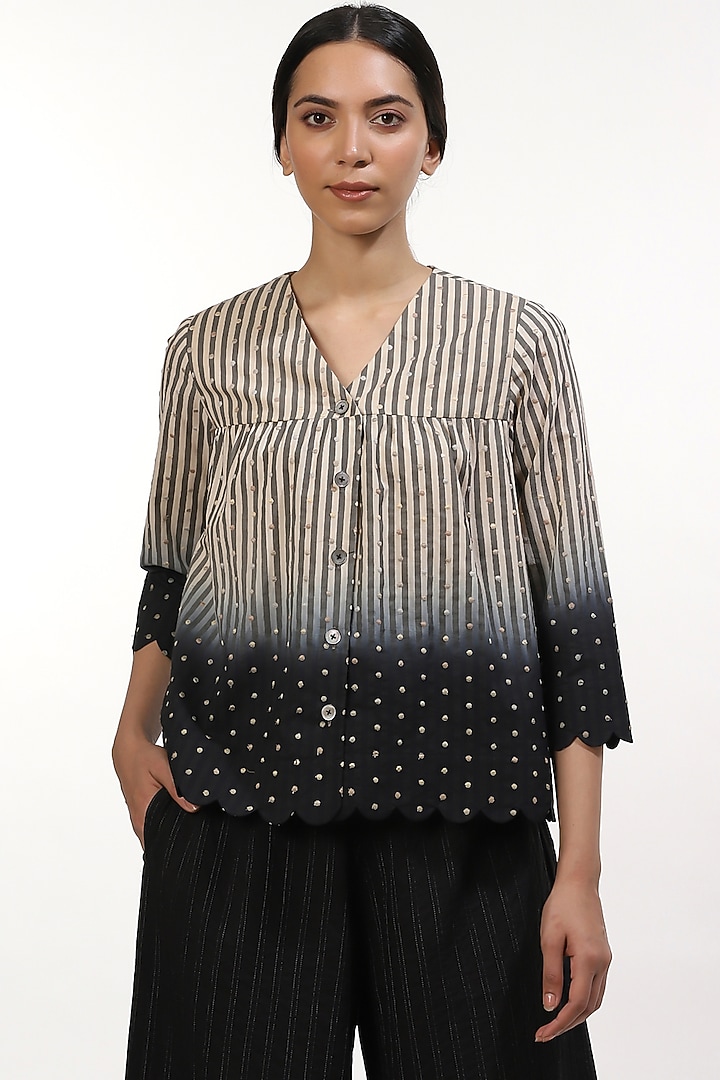 Black Smocked Embroidered & Printed Top by Abraham & Thakore at Pernia's Pop Up Shop