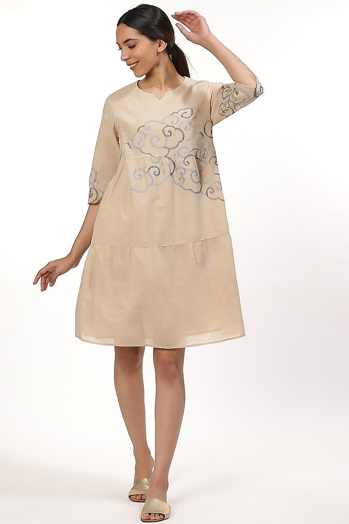 Beige Embroidered Dress by Abraham & Thakore at Pernia's Pop Up Shop