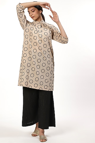 Beige & Black Motif Tunic by Abraham & Thakore