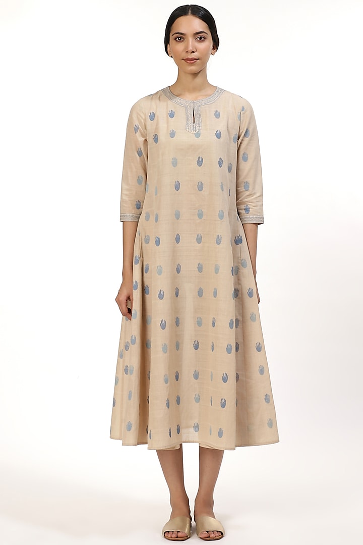 Beige Printed Kalidar Dress by Abraham & Thakore at Pernia's Pop Up Shop