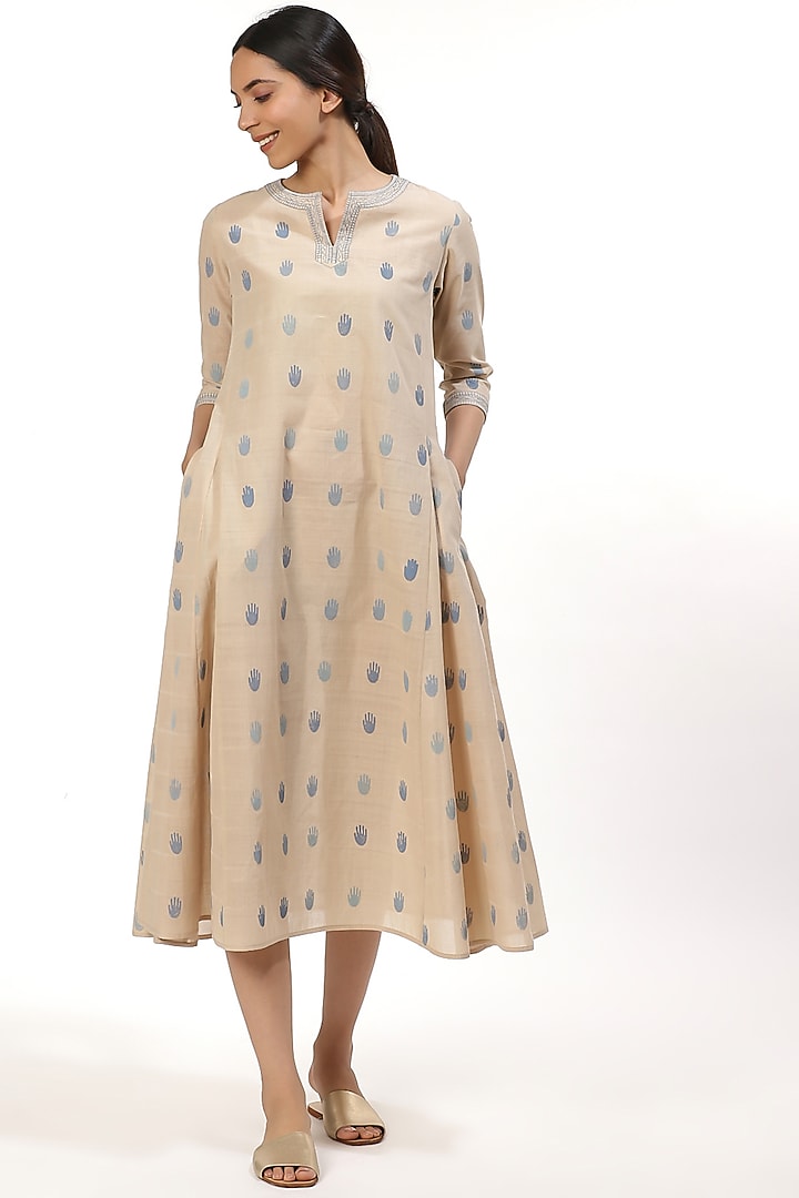 Beige Printed Kalidar Summer Dress by Abraham & Thakore at Pernia's Pop Up Shop