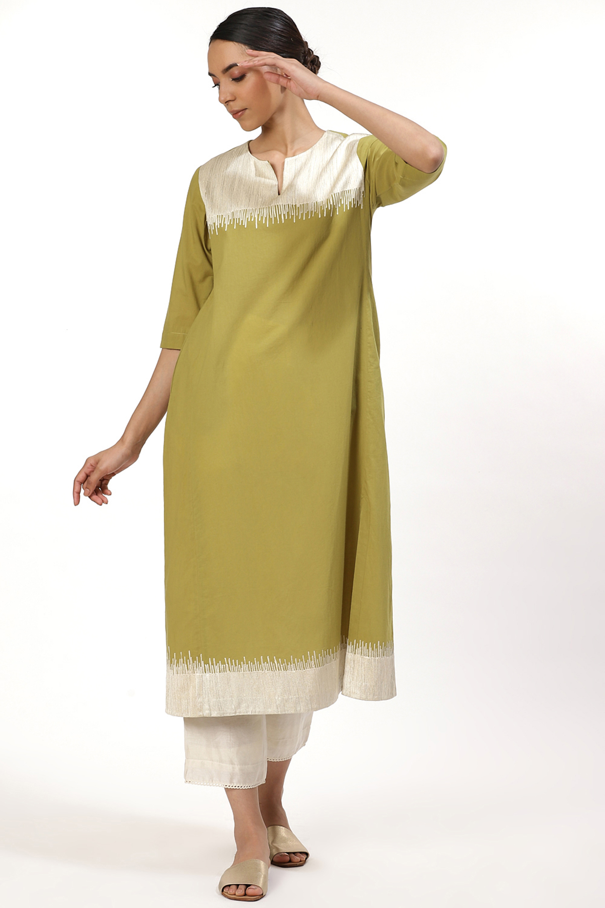 Amla & Lime Embroidered Long Kurta by Abraham & Thakore at Pernia's Pop Up Shop