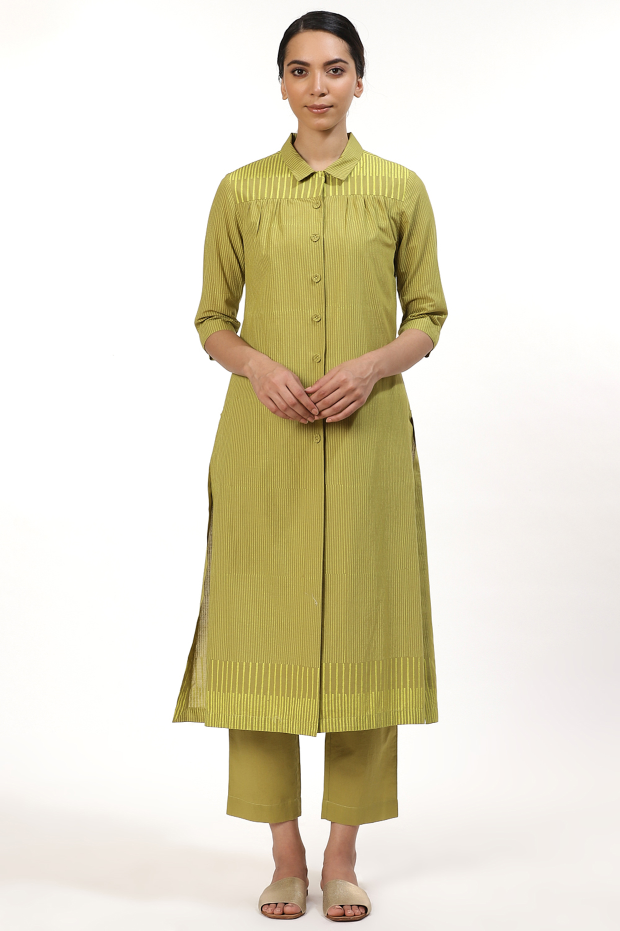 Amla & Lime Printed Long Shirt Kurta by Abraham & Thakore at Pernia's Pop Up Shop