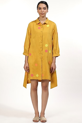 Yellow Dot Printed Shirt Top by Abraham & Thakore