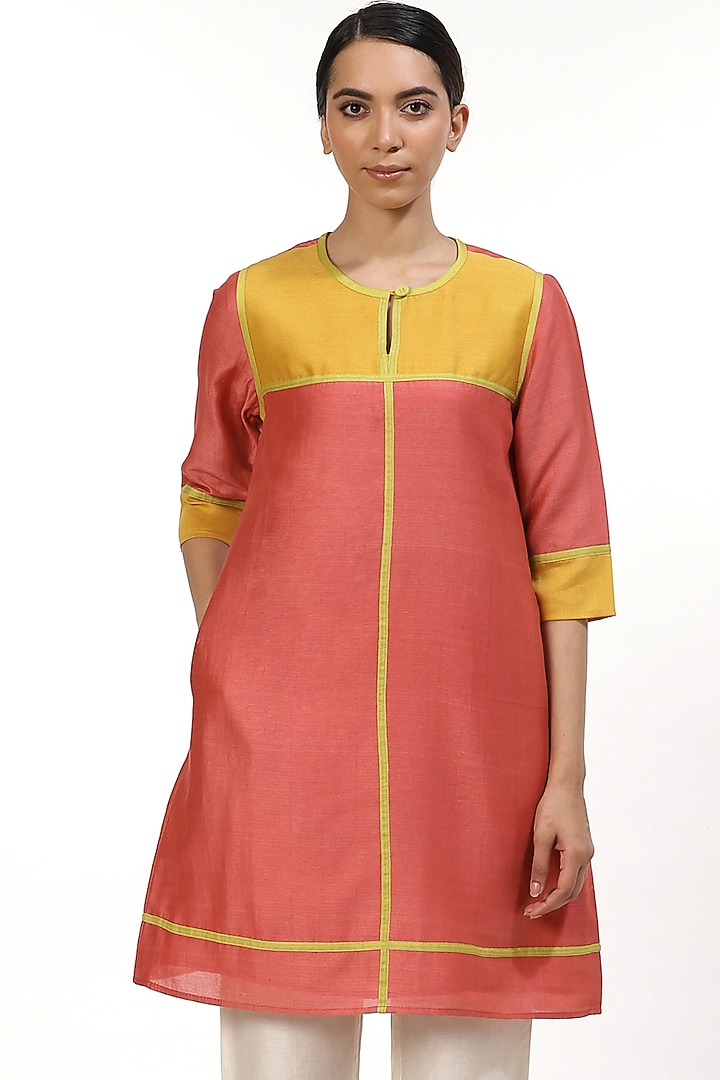 Rose Pink Tunic With Color Blocking by Abraham & Thakore at Pernia's Pop Up Shop