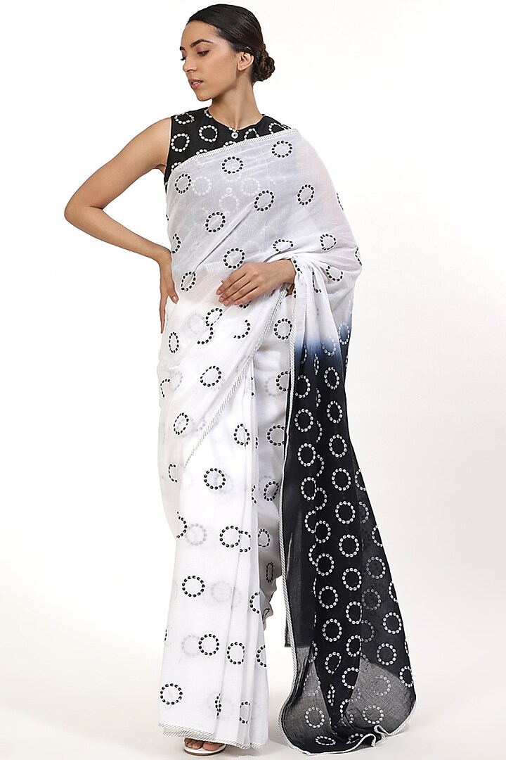 Black & White Embroidered Ombre Festive Saree by Abraham & Thakore at Pernia's Pop Up Shop