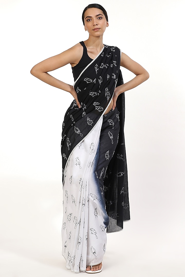 Black & White Hand-Dyed Ombre Saree by Abraham & Thakore