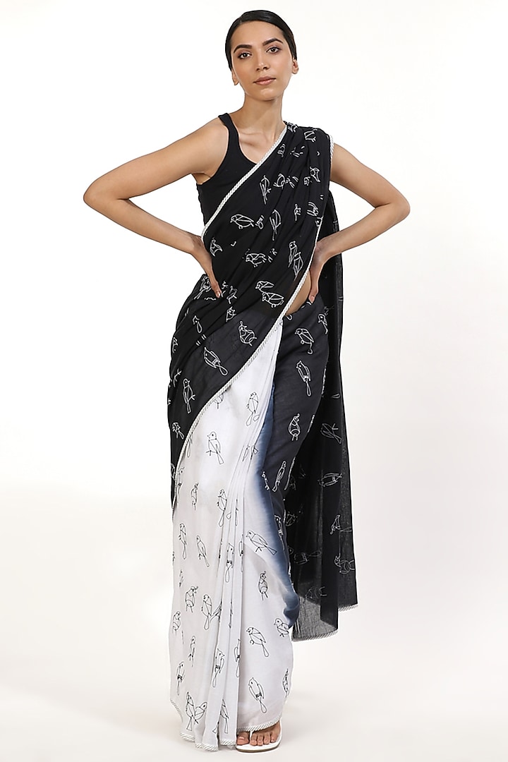 Black & White Hand-Dyed Ombre Festive Saree by Abraham & Thakore at Pernia's Pop Up Shop