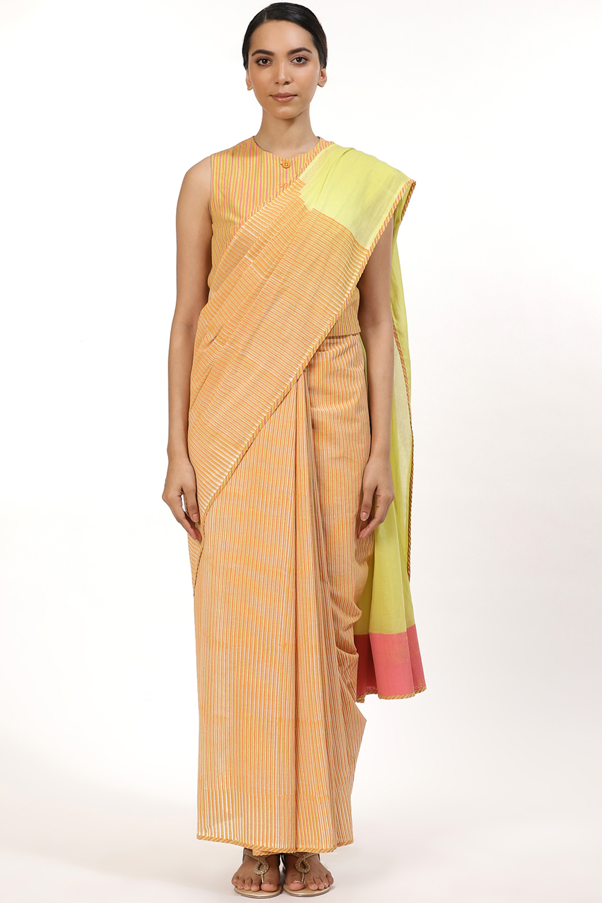 Ivory and Lime Hand Block Printed Saree by Abraham & Thakore