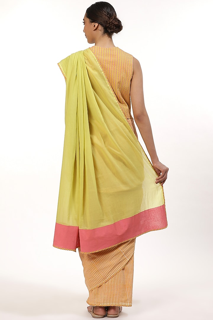 Ivory and Lime Hand Block Printed Festive Saree by Abraham & Thakore at Pernia's Pop Up Shop