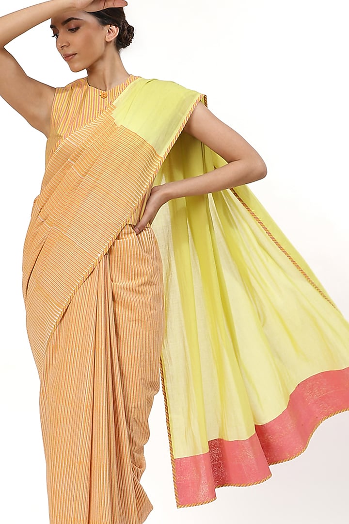 Ivory and Lime Hand Block Printed Festive Saree by Abraham & Thakore at Pernia's Pop Up Shop