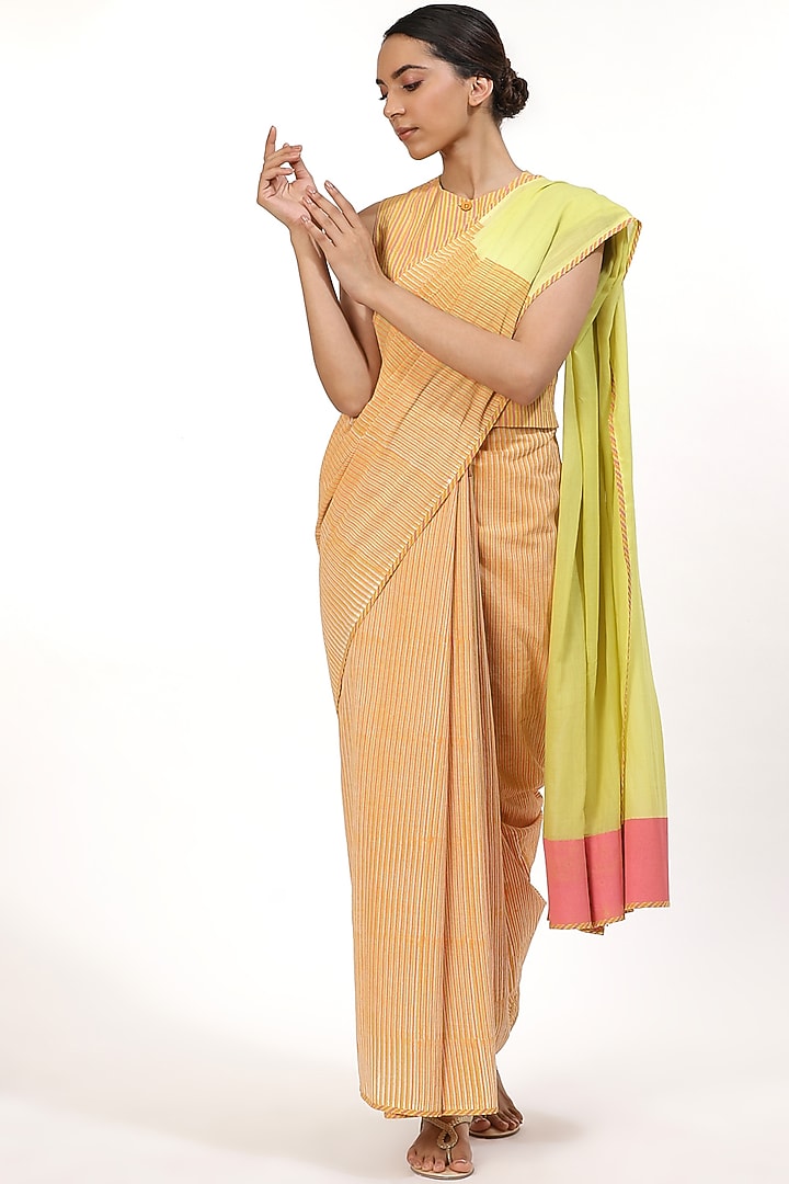 Ivory and Lime Hand Block Printed Festive Saree by Abraham & Thakore at Pernia's Pop Up Shop