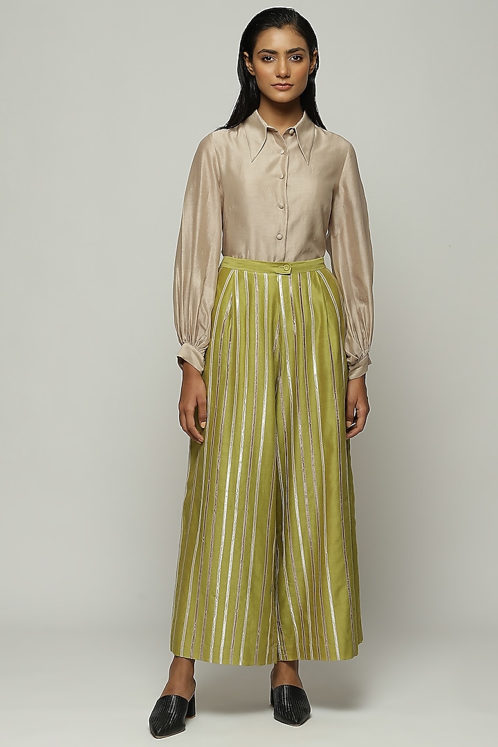 Green Chanderi Palazzo Pants by Abraham & Thakore at Pernia's Pop Up Shop