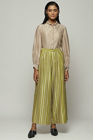 Green Chanderi Palazzo Pants by Abraham & Thakore