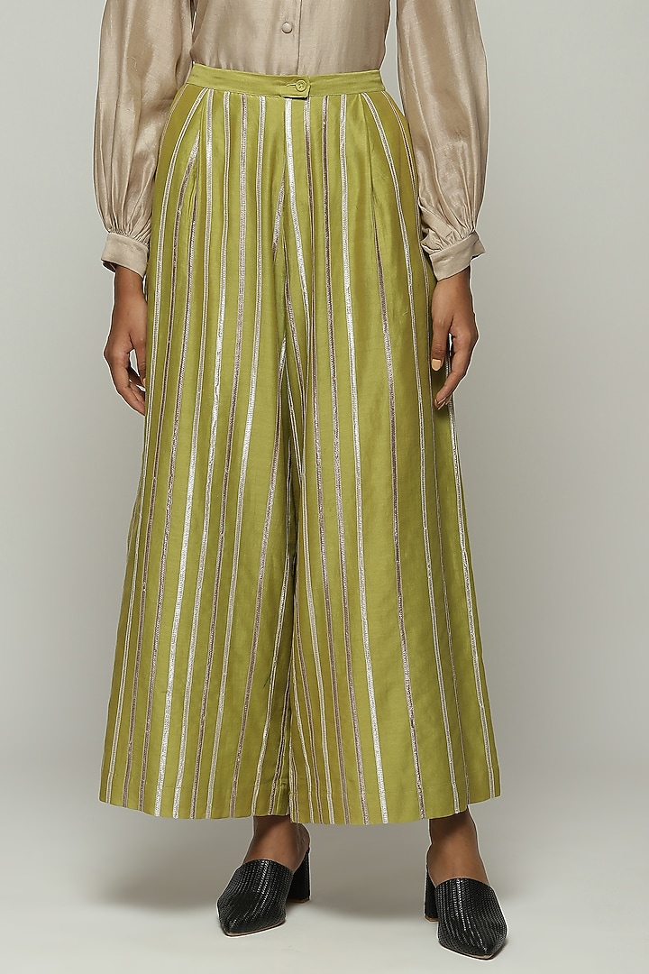 Green Chanderi Palazzo Pants by Abraham & Thakore at Pernia's Pop Up Shop