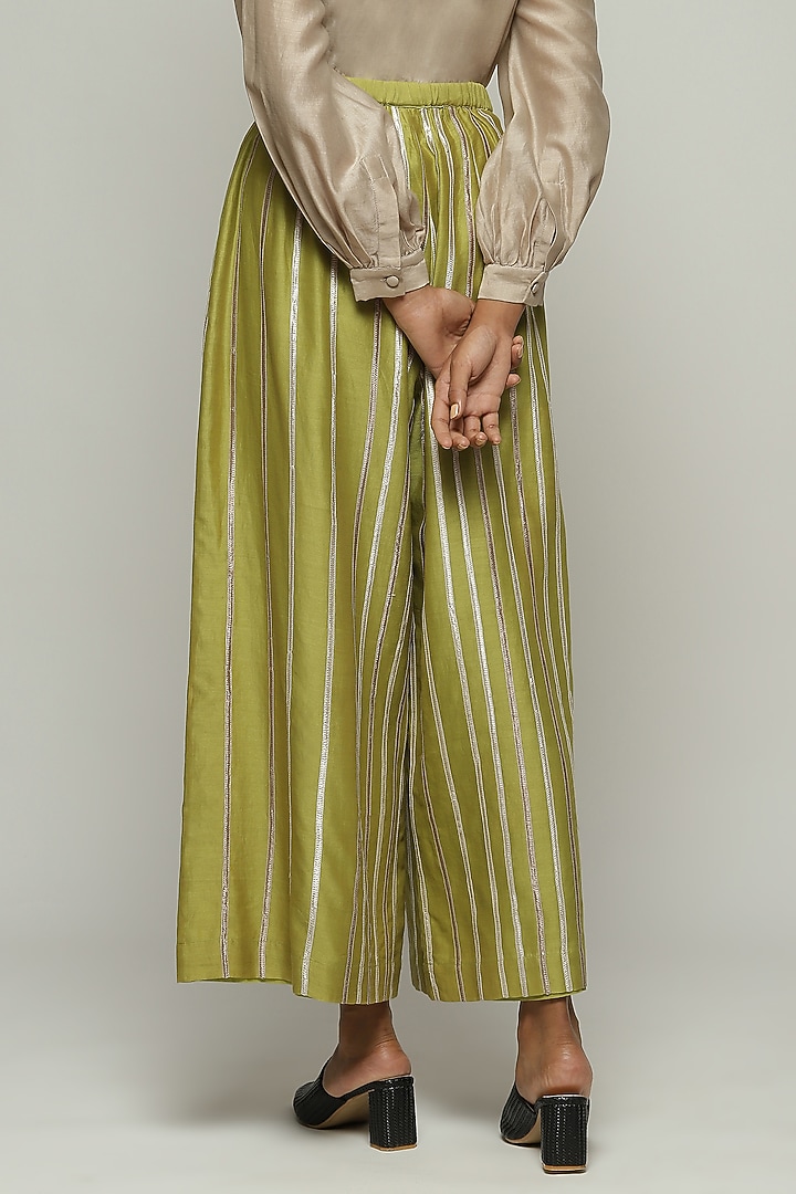 Green Chanderi Palazzo Pants by Abraham & Thakore at Pernia's Pop Up Shop