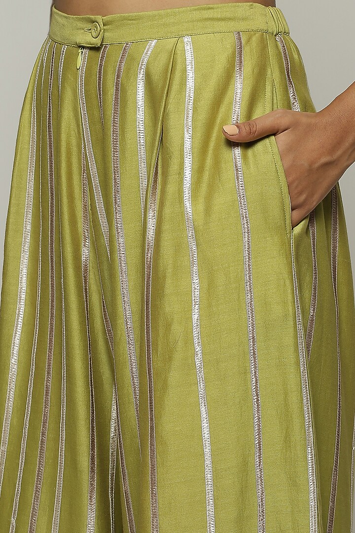 Green Chanderi Palazzo Pants by Abraham & Thakore at Pernia's Pop Up Shop