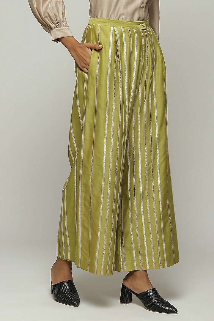 Green Chanderi Palazzo Pants by Abraham & Thakore at Pernia's Pop Up Shop