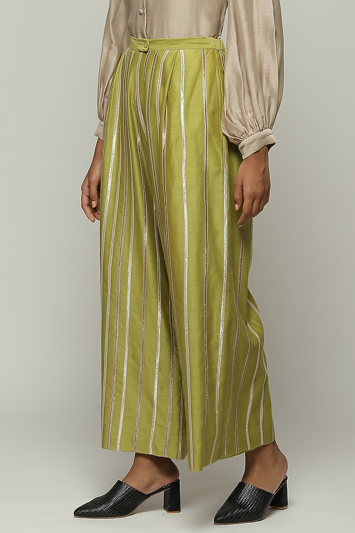Green Chanderi Palazzo Pants by Abraham & Thakore at Pernia's Pop Up Shop