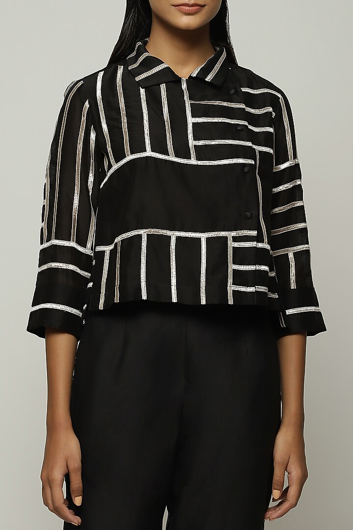 Black Chanderi Shirt by Abraham & Thakore at Pernia's Pop Up Shop