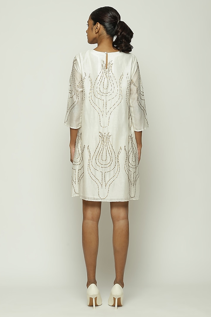Ivory Chanderi Hand Adda & Sequins Embroidered Vacation Dress by Abraham & Thakore at Pernia's Pop Up Shop