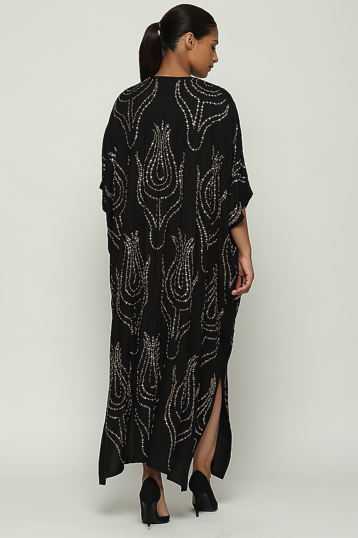 Black Crepe De Chine Hand Adda & Sequins Embroidered Kaftan by Abraham & Thakore at Pernia's Pop Up Shop