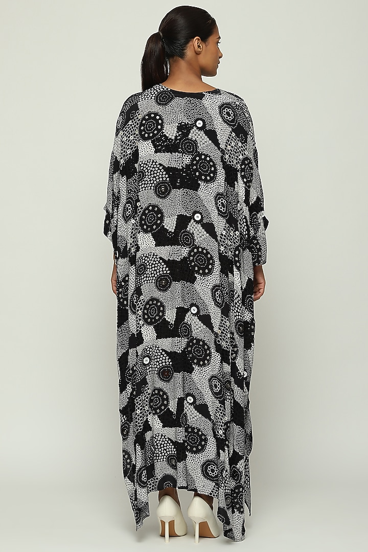 Black Crepe De Chine Printed & Hand Adda Embroidered Kaftan by Abraham & Thakore at Pernia's Pop Up Shop