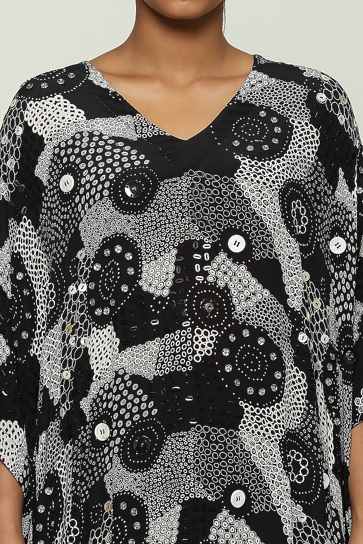Black Crepe De Chine Printed & Hand Adda Embroidered Kaftan by Abraham & Thakore at Pernia's Pop Up Shop