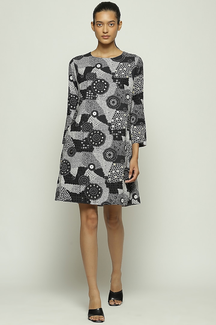 Black Cotton Voile Printed & Sequins Embroidered Vacation Dress by Abraham & Thakore at Pernia's Pop Up Shop