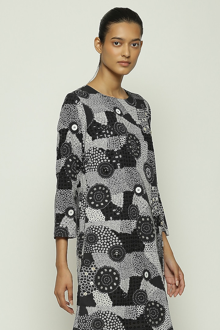 Black Cotton Voile Printed & Sequins Embroidered Vacation Dress by Abraham & Thakore at Pernia's Pop Up Shop